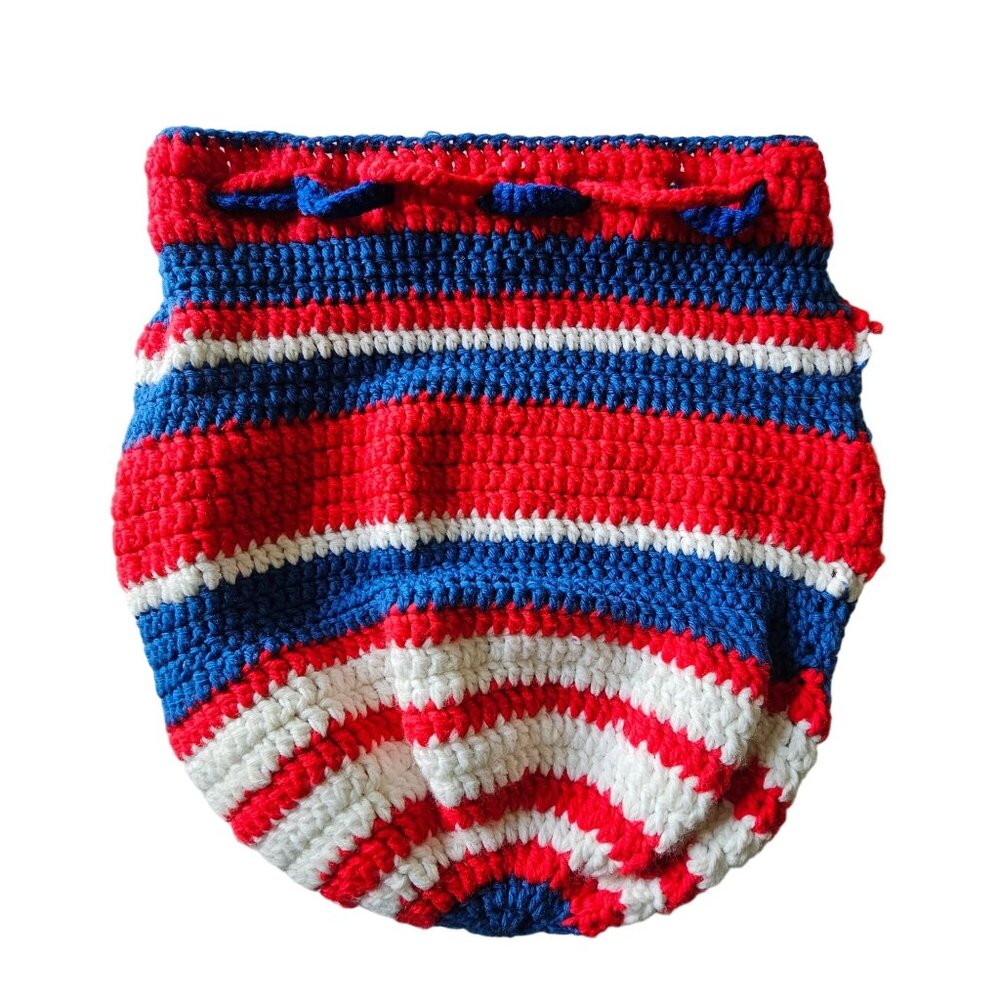 Hand made Crochet Granny Core bucket Purse Red White Blue 16x16
